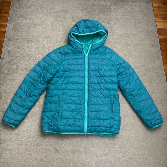 Lands’ End Featherless Reversible Fleece Lined Hooded Puffer Jacket Youth - Picture 1 of 9